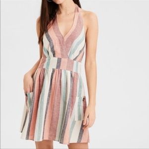 American Eagle Striped Halter Dress cream tan blush with pockets